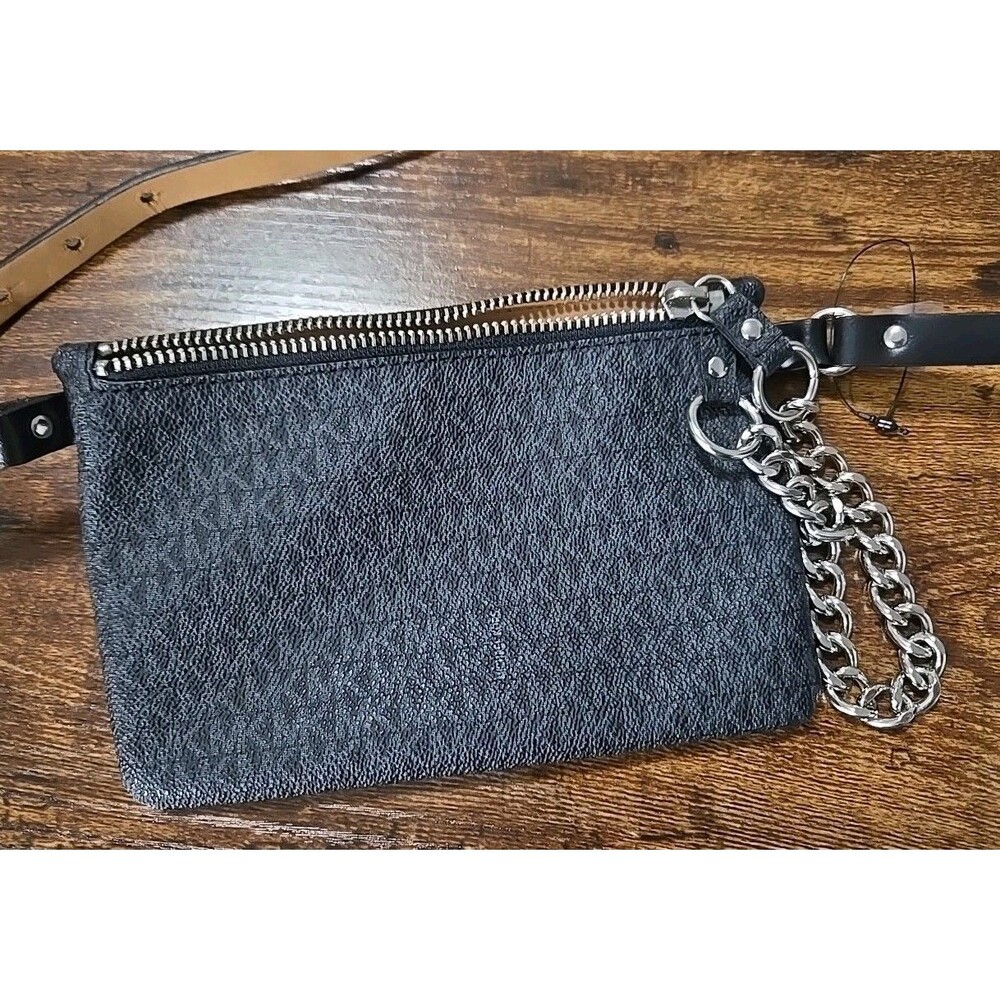 Michael Kors Signature Chain Zip Belt Bag Fanny Crossbody Purse Black Gray